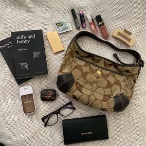 Coach Brown and Tan Shoulder Bag with Signature Monogram